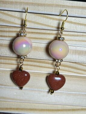 3/$25 Opalescent and Sandstone Heart Drop Earrings